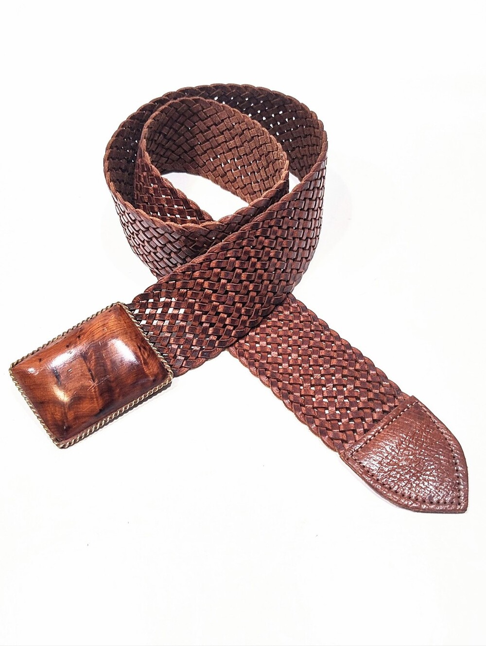 Chico's Belt Brown Braided Genuine Leather Size M Wood Brass Buckle Made Morocco